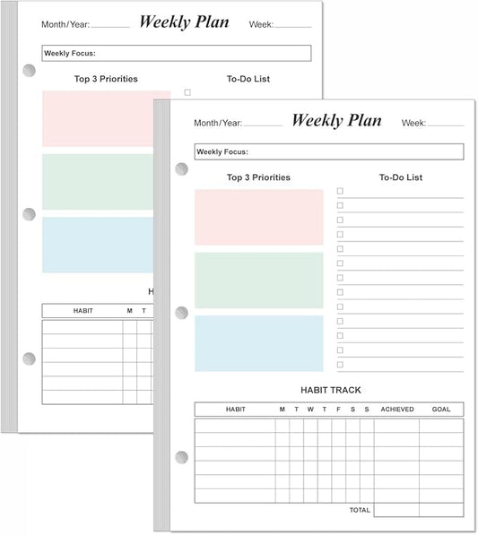 (2-Pack) Half Letter Size Weekly Planner Refills for 3 Ring Mini Binders - 53 Sheets/106 Pages Undated Colorful Weekly Planner, 100 gsm White Paper, Lasts 2 Year, Undated, 5.8" x 8.3"