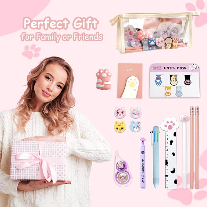 19 PCS Cute Cat Paw Stationery Set, Cartoon Mini Pencil Roller, Kawaii Magnetic Bookmarks, Correction Tape, Eraser, Multicolor Pens, Ruler, Highlighters Sticky Notes for Cat Lovers