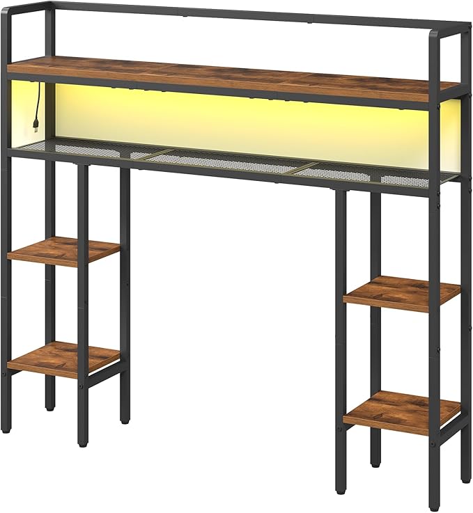 Desktop Shelf with LED Light Strip, Desktop Hutch with Adjustable Feet and Anti-Tip Kit, Storage Shelf with Particleboard Shelves and Wire Mesh, for Study, Home Office, Rustic Brown DSHR9801