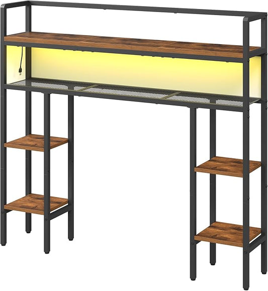 Desktop Shelf with LED Light Strip, Desktop Hutch with Adjustable Feet and Anti-Tip Kit, Storage Shelf with Particleboard Shelves and Wire Mesh, for Study, Home Office, Rustic Brown DSHR9801