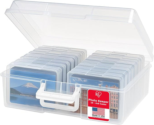 IRIS USA 4" x 6" Photo Storage Box Craft Keeper, Transparent Handle Container with 16 Organization Holder Cases for Pictures, Tasks, Scrapbooking, Ephemera, Stationery Storage, Clear
