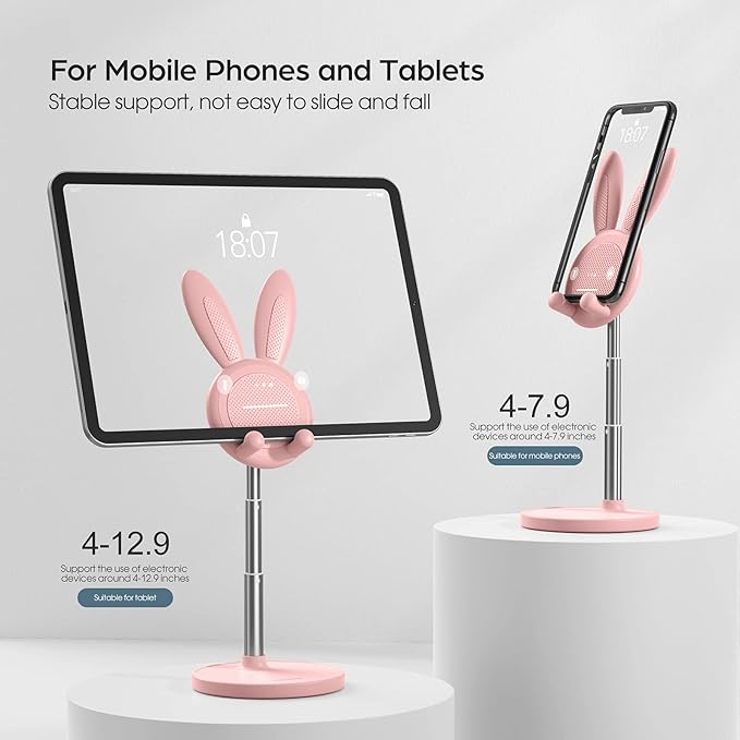 OATSBASF Cute Cell Phone Stand, Adjustable Bunny Phone Stand for Desk, Thick Case Friendly Holder Compatible with iPhone, Kindle, iPad, Switch, All Phones (Pink)