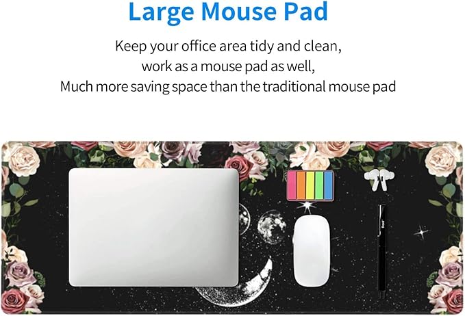 Pale Roses Moon Phase Witchy Tarot Black XXL XL Large Gaming Mouse Pad for Desk, Non-Slip Long Extended Keyboard Pads Mousepad Rubber Table Mat 31.5 X 11.8 Inch