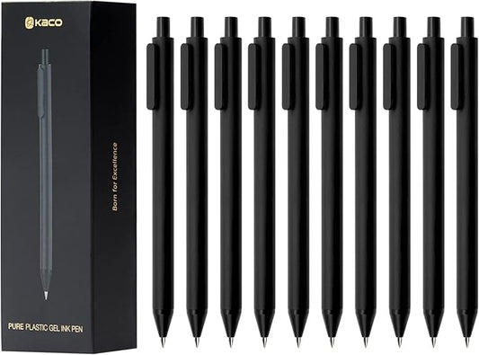 Kaco PURE Gel Pens 0.5mm Fine Point Black Ink 10 Count, Quick Dry Smooth Writing, Aesthetic Office Supplies Refillable Retractable Low Center of Gravity