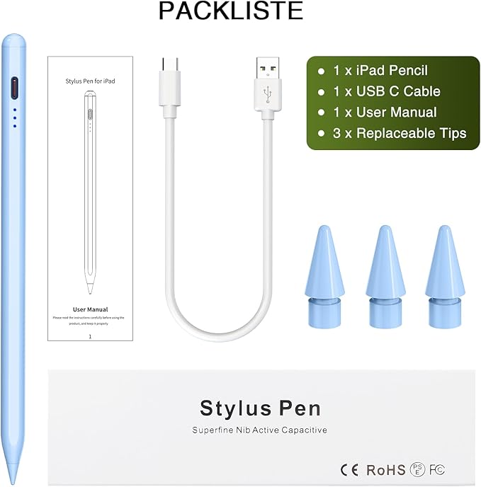 Pen for iPad 2018-2025, HATOKU 15 Mins Fast Charging Pencil 1st Gen with Tilt & Palm Rejection Compatible with iPad Air 3/4/5/M2/M3, iPad mini 5/6/7, iPad 6/7/8/9/10/11, iPad Pro 11"/12.9"/M4 M5(Blue)