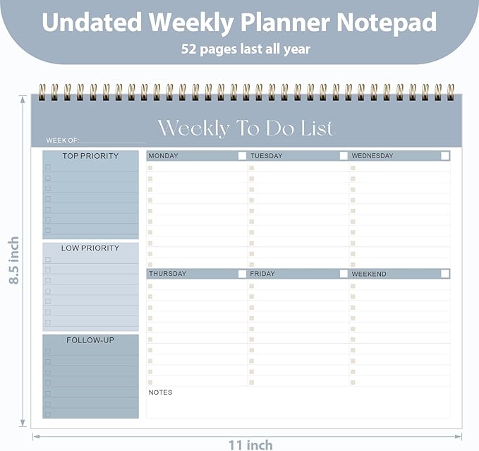 Weekly To Do List Notepad, Undated Planner with 52 Sheets (8.5''x11''), Desk Weekly Planner for Women & Man, Home School & Work (Pack of 2)