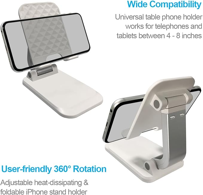 POQOD Foldable Cell Phone Stand for Desk, Fully Adjustable Phone Holder for Desk Compatible with iPhone 16 15 14 13 12 11, Nintendo Switch, All Phones, (New-White)