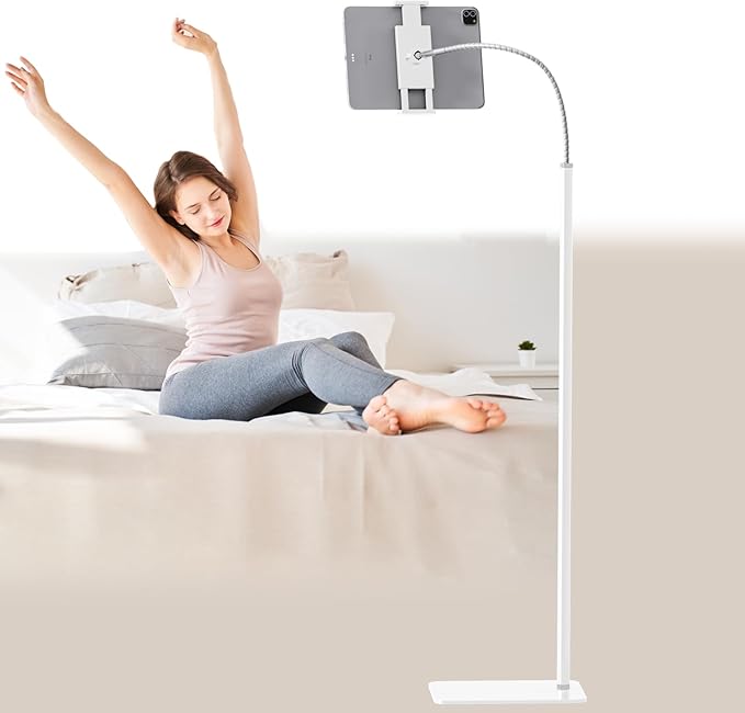 Tablet Floor Stand Holder with Flexible Gooseneck and Stable Base, Compatible with Tablet and Cell Phones (3.5''-9.7''), White