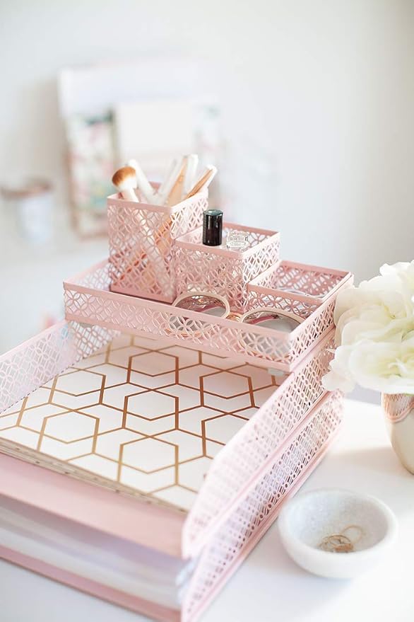 BLU MONACO Pink Desk Organizer Set for Women | 6-Piece Interlocking Office Supplies Set with Pen Cup, Accessory Trays & Letter Trays | Pink Room Decor for Workspace, Home Office & Study Areas