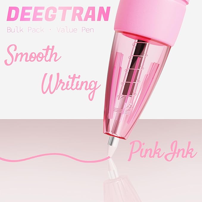deegtran Pens Bulk, 30 Pack No Bleed Pink Ink Click Pens with Soft Grip, Wholesale Retractable Ballpoint Pens for Office School, Medium Point Smooth 1.0MM