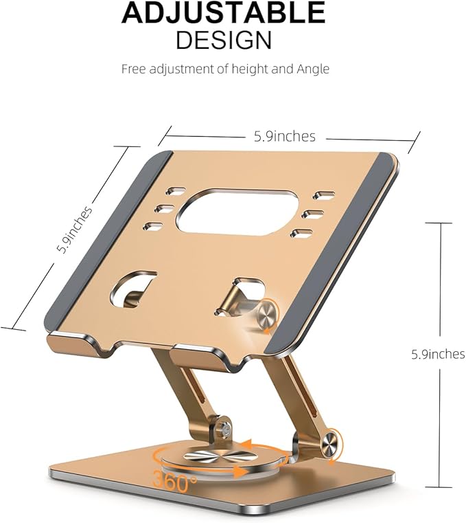 OrlianTablet Stand Holder with Thickened 360°Rotating Base Dual Rod Adjustable Aluminum Stand for All 5.8-12.9” iPad Samsung Phone Tablet Kindle E-Reader and More, Gold