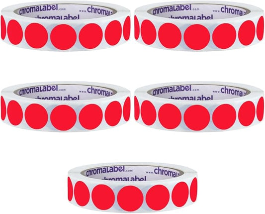 ChromaLabel 3/4 Inch Round Colored Stickers, Removable Colored Dot Stickers for Color Coding and Organization - 1000 Dot Labels per Roll, Red Sticker - Case of 5