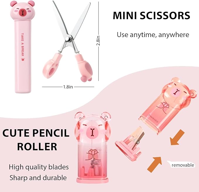 Cute Pink Capybara School Supplies,Capybara Stationary Gift Set,Kawaii Japanese Stationery Birthday GIFS, Includes Pencil Sharpener,Eraser,Correction Tape,Stickers,Ruler,for Office School Supplies
