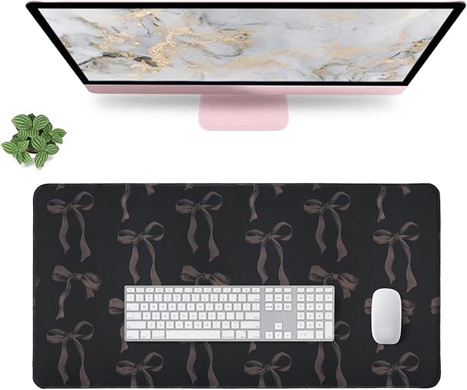Black Bow Mouse Pad, Cute Bow Desk Mat Black Computer Mat Keyboard Pad, Non-Slip Rubber Base Large Bows Laptop Pad Desk Pad, Office Accessories Desktop Decor for Girls Women 23.6 x 11.8 Inch