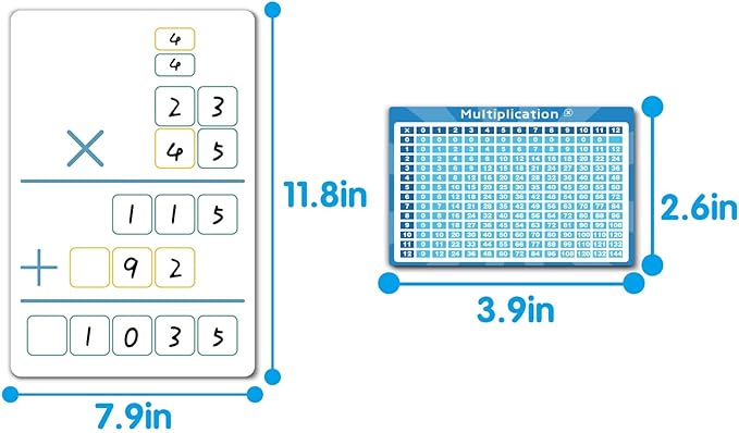 Set of Dry Erase Multiplication and Division Practice White Board, 8" x 12" 2-Digits Mathematics Board with a 4" x 2.5" Multiplication Chart Board for Kids Students, Classroom and Home.