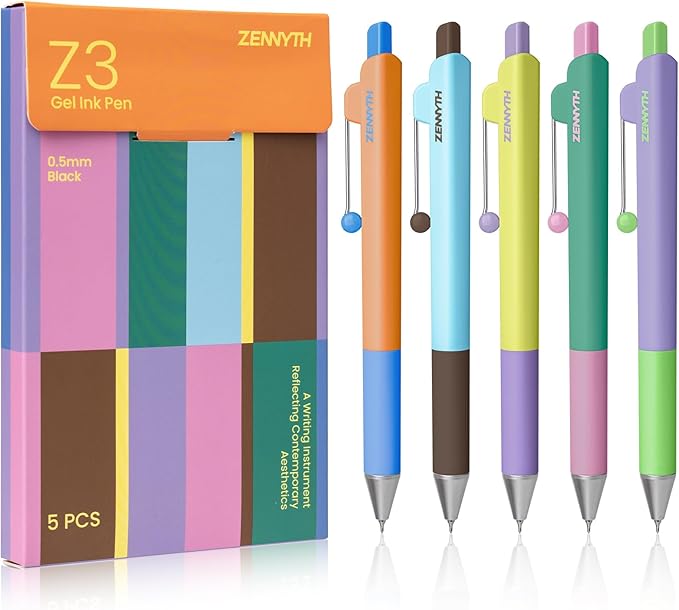 Gel Pens, 5 Pcs 0.5mm Black Ink Fine Point Pens Quick-Drying Retractable Pens with Diamond-Shaped Barrel, Smooth Writing Pens for Journaling & Note Taking (5 Pcs Z3 Color-Block)