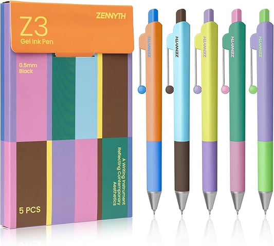 Gel Pens, 5 Pcs 0.5mm Black Ink Fine Point Pens Quick-Drying Retractable Pens with Diamond-Shaped Barrel, Smooth Writing Pens for Journaling & Note Taking (5 Pcs Z3 Color-Block)