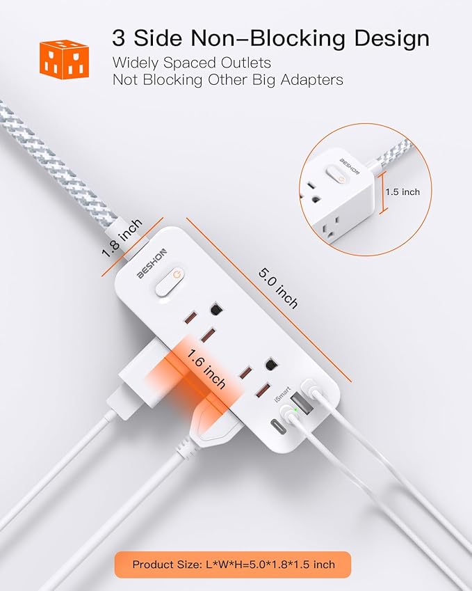 10 FT Extension Cord, Surge Protector Power Strip with 6 Widely AC Outlets 4 USB Ports(2 USB C),3-Side Outlet Extender, Flat Plug, Wall Mount for Home, Office,Travel and Dorm Essential