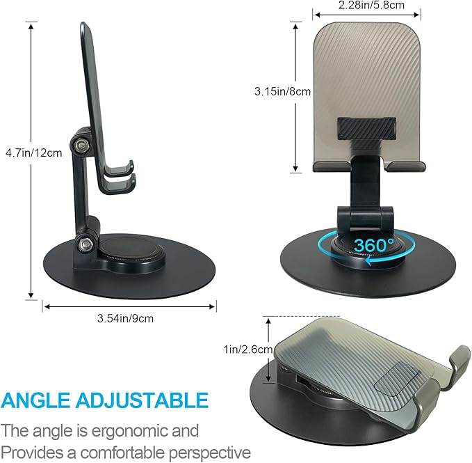 POQOD Foldable Cell Phone Stand for Desk, Fully Adjustable Phone Holder for Desk Compatible with iPhone 16 15 14 13 12, Nintendo Switch, All Phones, (Black)