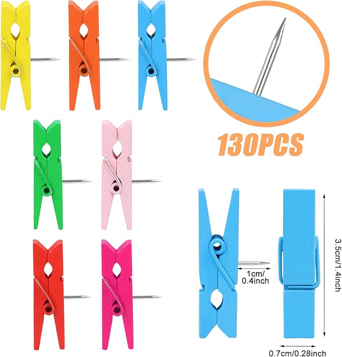 130 PCS Colorful Push Pin with Wooden Clips, Durable Wooden Push Pins, Decorative Pushpins Tacks Thumbtacks, Tacks for Cork Board Artworks Notes Photos, Craft Projects, Offices and Homes (7 Colors)