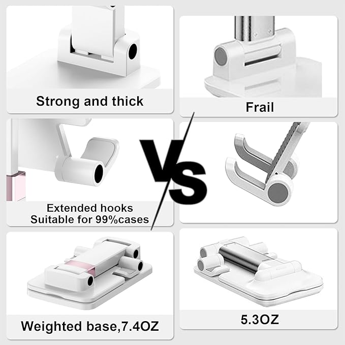 Phone Holder for Desk Cell Phone Holder Height Angle Adjustable Stands, Anti-Slip Base, Compact Design for iPhone Android Devices,White,2Pack