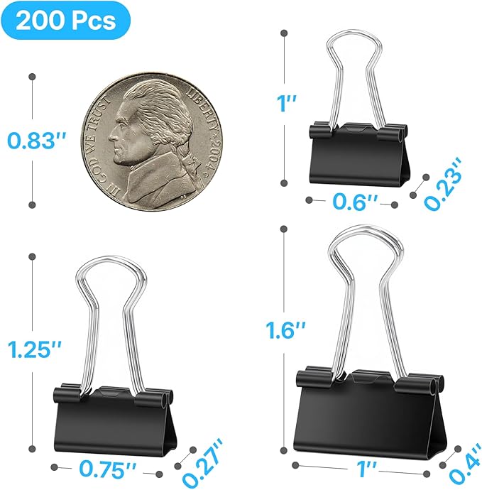 OWLKELA 200 Pcs Black Binder Clips, Paper Clamps, Paper Binder Clip, Assorted Sizes, Metal Black Binder Clips, Ideal for Office, Home and School Supplies