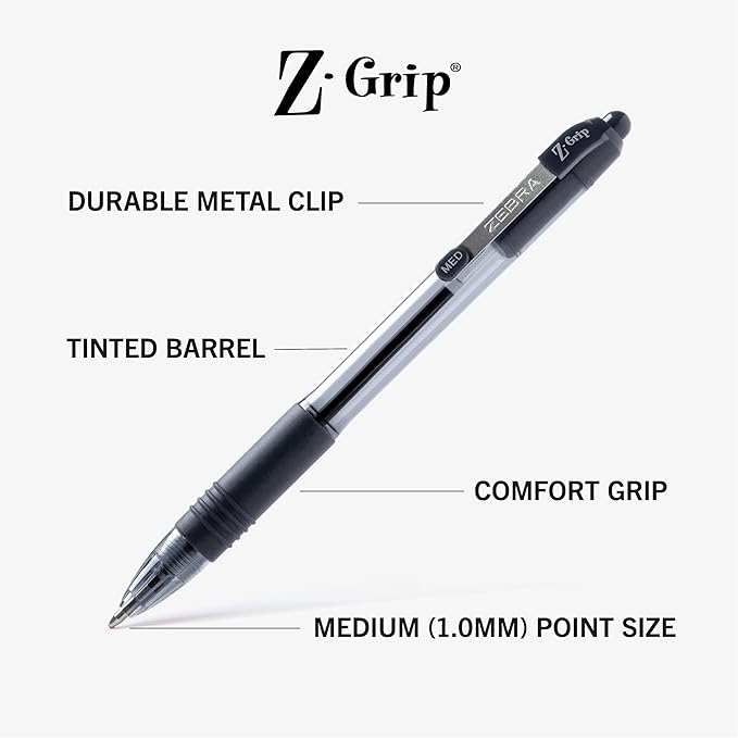 Zebra Pen Z-Grip Retractable Ballpoint Pen, Smooth-Flowing Black/Blue/Red Ink, 1.0mm Medium Point, School & Office Supplies, Ideal for Note-Taking, Journal and Planner Use, 48-Pack (22048)