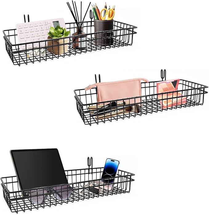 ANZOME 2 Pcs Metal Grid Wall Baskets with Hooks - Black Hanging Wire Basket Grid Wall Shelves - Multi Function Storage Organizer Plant Holder Shelf for Mesh Wall Grid Kitchen Organizing Display
