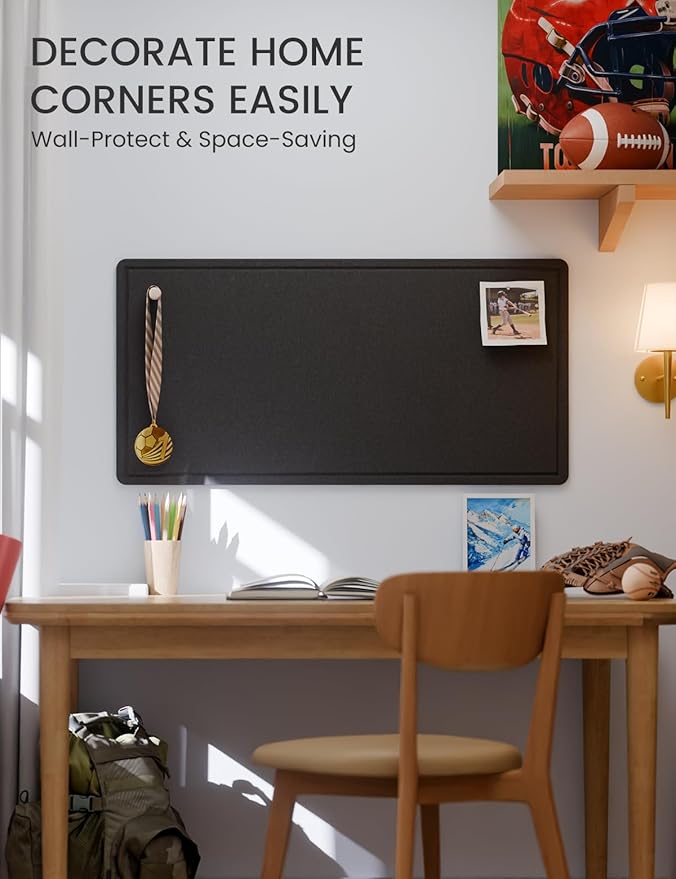 Fluxynara Bulletin Board, 35" x 17.5" Cork Board Alternative with 12 Safe Removable Adhesive Tabs, Foldable Felt Pin Board for Home Office, Classroom, Bedroom,Entryway for Walls— Black