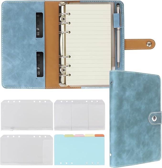 FYY A6 Binder Refillable Planner Notebook 6 Ring PU Leather Binder Journal with Pockets, Dividers, Refill Paper Blue