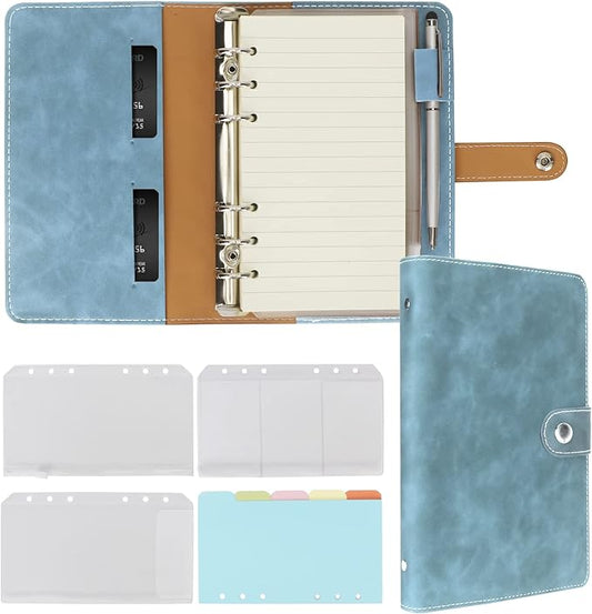 FYY A6 Binder Refillable Planner Notebook 6 Ring PU Leather Binder Journal with Pockets, Dividers, Refill Paper Blue