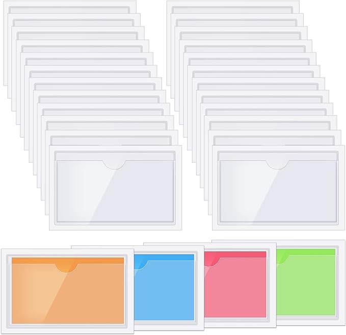 Chinco 30 Pcs Self Adhesive Pockets, Bin Labels for Storage Bins, Clear Pocket Label Sleeves, Plastic Index Card Holder with Top Open for Organizing Bins Box Drawer(4.06 x 2.48 inches)