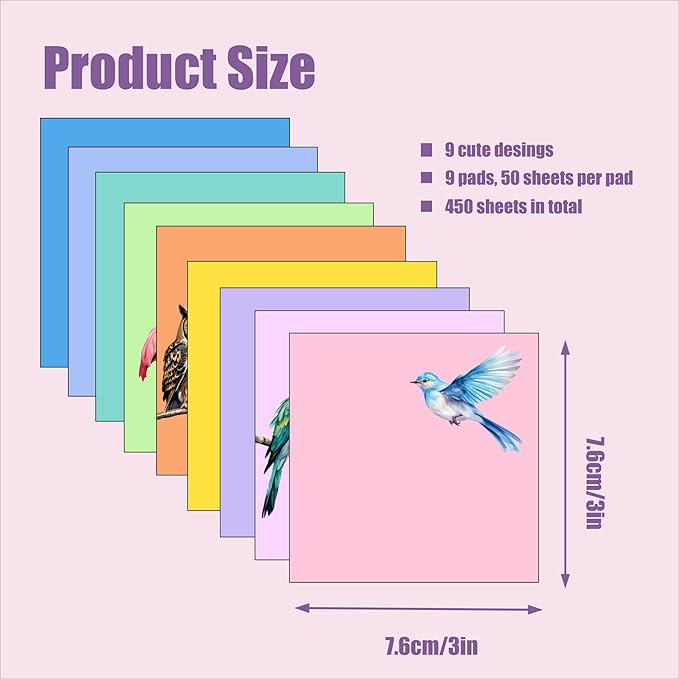 9 Pads Cute Sticky Notes Set, 3" x 3" Bird Self Stick Notepads, Funny Sticky Notes Set, Bird Stationery, Kawaii Adhesive Memo Pads, Bird Lover Gifts, Office Decor Desk Accessories, School Supplies