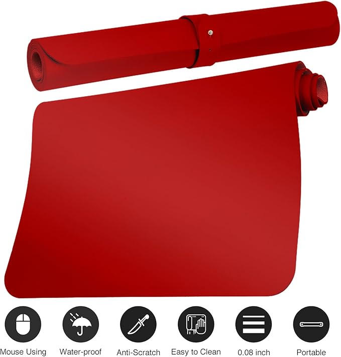 Boutilon Leather Desk Pad Protector,Non-Slip Mouse Pad,Laptop Desk Pad,Office Mouse Mat,Waterproof Leather Desk Blotter,Desk Writing Pad for Office and Home (M-Red,30"x14")