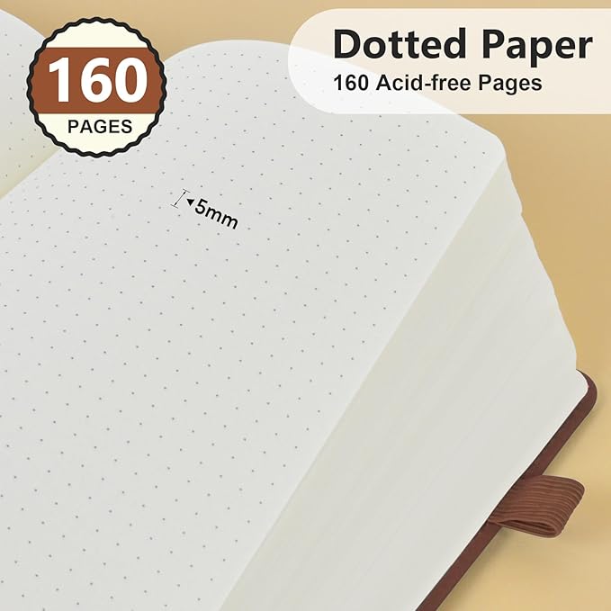 Dotted Journal Notebook for Men & Women, 160 Pages Dot Grid notebook for Note Taking, Bullet Journaling Notebook for Work, School, Travel, Writing, A5 Hardcover 5.9" x 8.5" (Brown)
