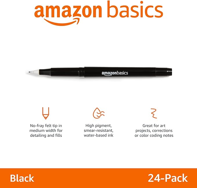 Amazon Basics Felt Tip Marker Pens, Black, Smooth Writing, for Writing, Drawing, Journaling and Note Taking, 24-Pack
