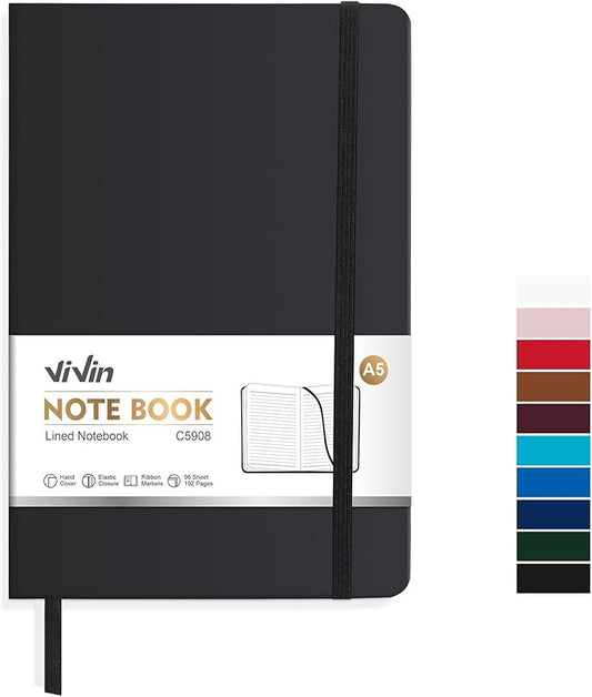 ViVin Lined Journal Notebooks for Work, 192 Pages, Medium 5.5 x 8.3 inch, College Ruled, A5 Hardcover Journaling Notebooks for Writing，Black，1 Pack