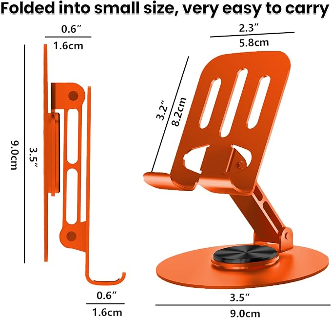 Universal Metal Cell Phone Stand, Multi-Angel Adjustable 360° Rotation Non-Slip Metal Phone Stand Compatible with iPhone 17 16 Pro Max and All Smartphones (Orange)