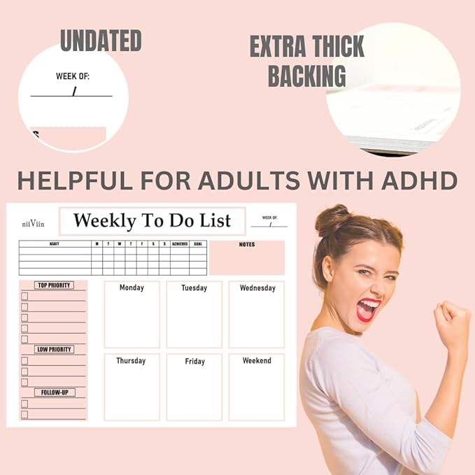 Undated Weekly Planner Notepad - Calendar with Habit Tracker, ADHD Planner for Adults, Weekly To Do List Notepad, 50 Tear-Off 8.5" x 11" Sheets, Extra Thick Backing