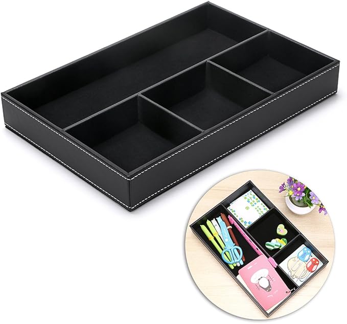 BTSKY 4 slots Desk Drawer Organizer, PU Leather Drawer Storage Organizer Divider for Office Desk Supplies Value Collection and Accessories Multi-Purpose Storage Desktop Organizer Tray(Black)