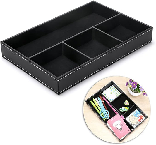 BTSKY 4 slots Desk Drawer Organizer, PU Leather Drawer Storage Organizer Divider for Office Desk Supplies Value Collection and Accessories Multi-Purpose Storage Desktop Organizer Tray(Black)
