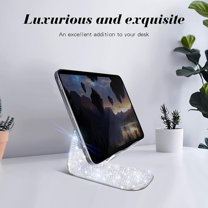 Bling Crystal Tablet Stand for Desktop,Glitter Adjustable Tablet Holder,Stand Dock Holder Compatible with iPad Pro 11,9.7,10.5,12.9 Air Mini 4 3 2, Kindle, Nexus,4-13" Tablets (Silver)