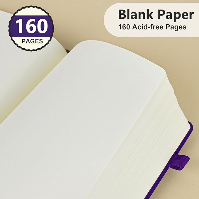 Blank Journal Ntebook for Men & Women, 160 Pages Blank Journals for Writing, Drawing,Sketch Book,5.9" x 8.5" Leather Sketchbook, Unlined Notebook for Work, School, Art (Purple)