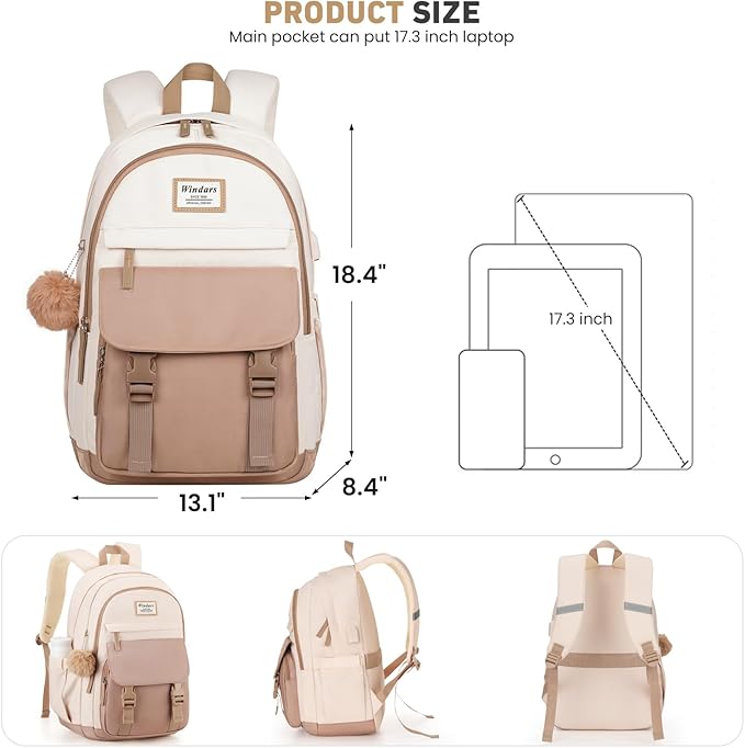 School Backpack for Teen Girls, Cute College Backpacks for Women Students Aesthetic Bookbag Large 17.3 Inch Laptop Bag Middle School Travel Back Pack (Khaki Beige)