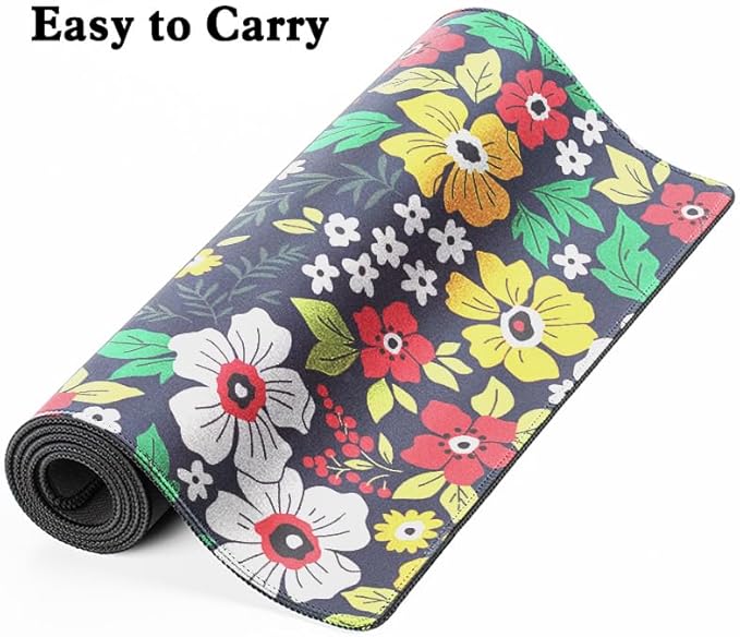 Colorful Floral and Green Leaves Desk Pad Mouse Pad,Flowers XL Mouse Mat with Stitched Edges,Non-Slip Rubber Base Large Mousepad for Office PC Keyboard Laptop and Homework Desk Mat(31.5X11.8 in)