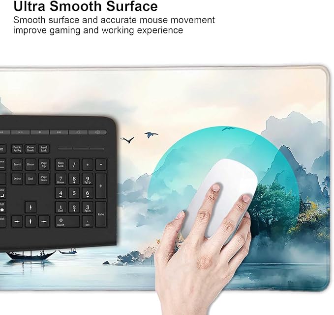 Japanese Mountain Landscape Painting Large Mouse Pad, Desk Mat Computer Keyboard Pad Non-Slip Rubber Base Waterproof with Stitched Edges for Laptop Gaming, Office & Home 31.5 x 11.8 Inch