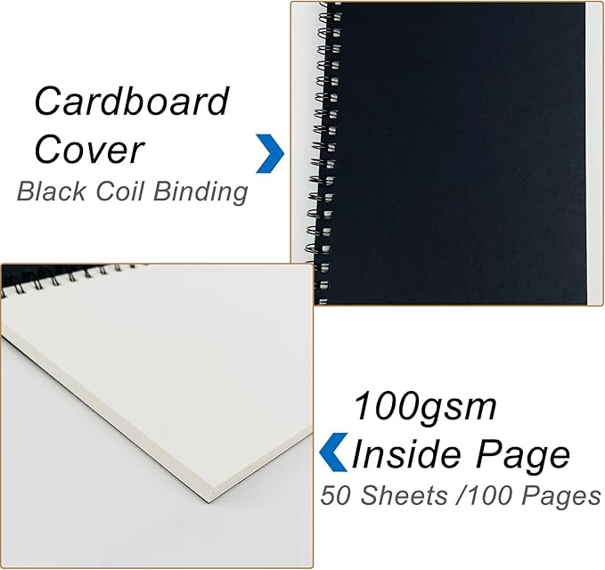 DSTELIN Blank Spiral Notebook, 6-Pack, Soft Cover, Sketch book, 100 Pages / 50 Sheets, 7.5 inch x 5.1 inch, 100GSM, (Black)