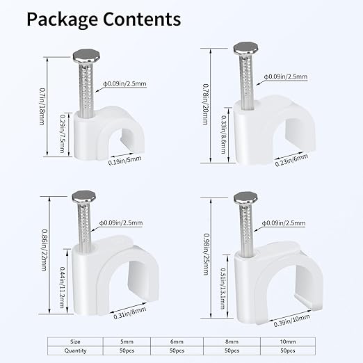 LeMotech 200pcs Cable Clips 5/6/8/10mm Cable Nail Clips Cable Tacks Coaxial Nail Clamps for Cable Cord Management RG6 RG59 CAT5 CAT6 RJ45 Electrical Ethernet Coaxial Clamps, White