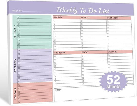 Weekly To Do List Notepad - 52 Undated Glue Bound Tear-Off Sheets (8.5"x11") for Desk Planning | Home, Work & School Organization Pad for Women & Men (Purple)