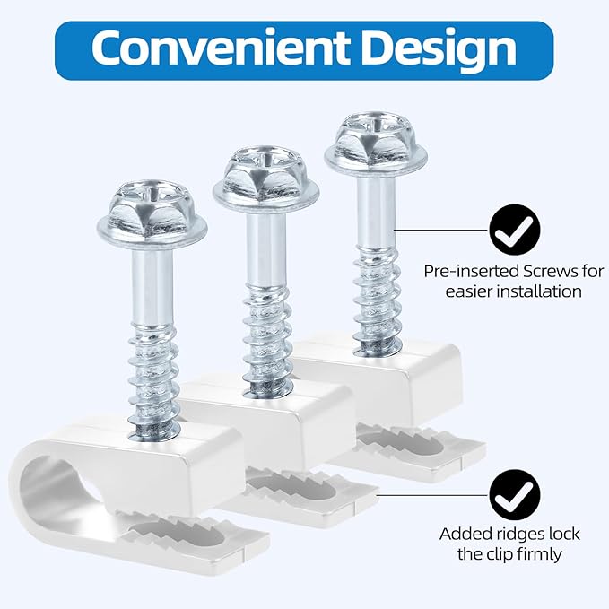 White Cable Clips with Inserted Screws, Flexible Single Cable Screw Clips, Electrical Wire Fastener, 100 PCS
